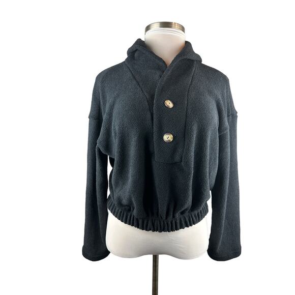 Free People x FP Beach Bino Pullover Button Crop Gathered Sweater Black Small - Picture 2 of 12